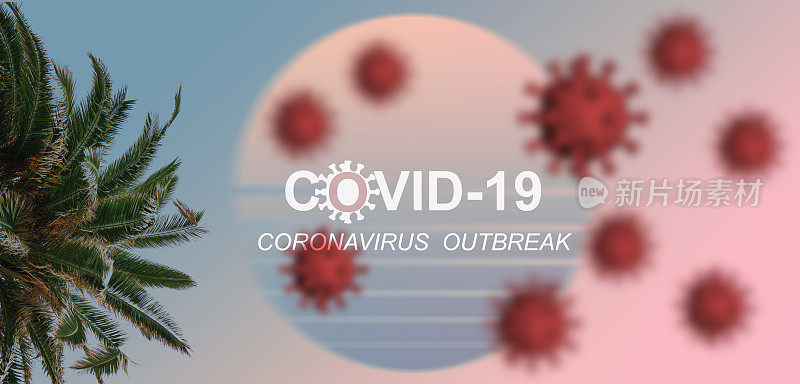 Covid-19疫情或新型冠状病毒，2019-nCoV，病毒在棕榈树上的抽象背景。Covid - 19-NCP病毒:BEACH地区疾病的传染与传播。流行病和病毒流行病。